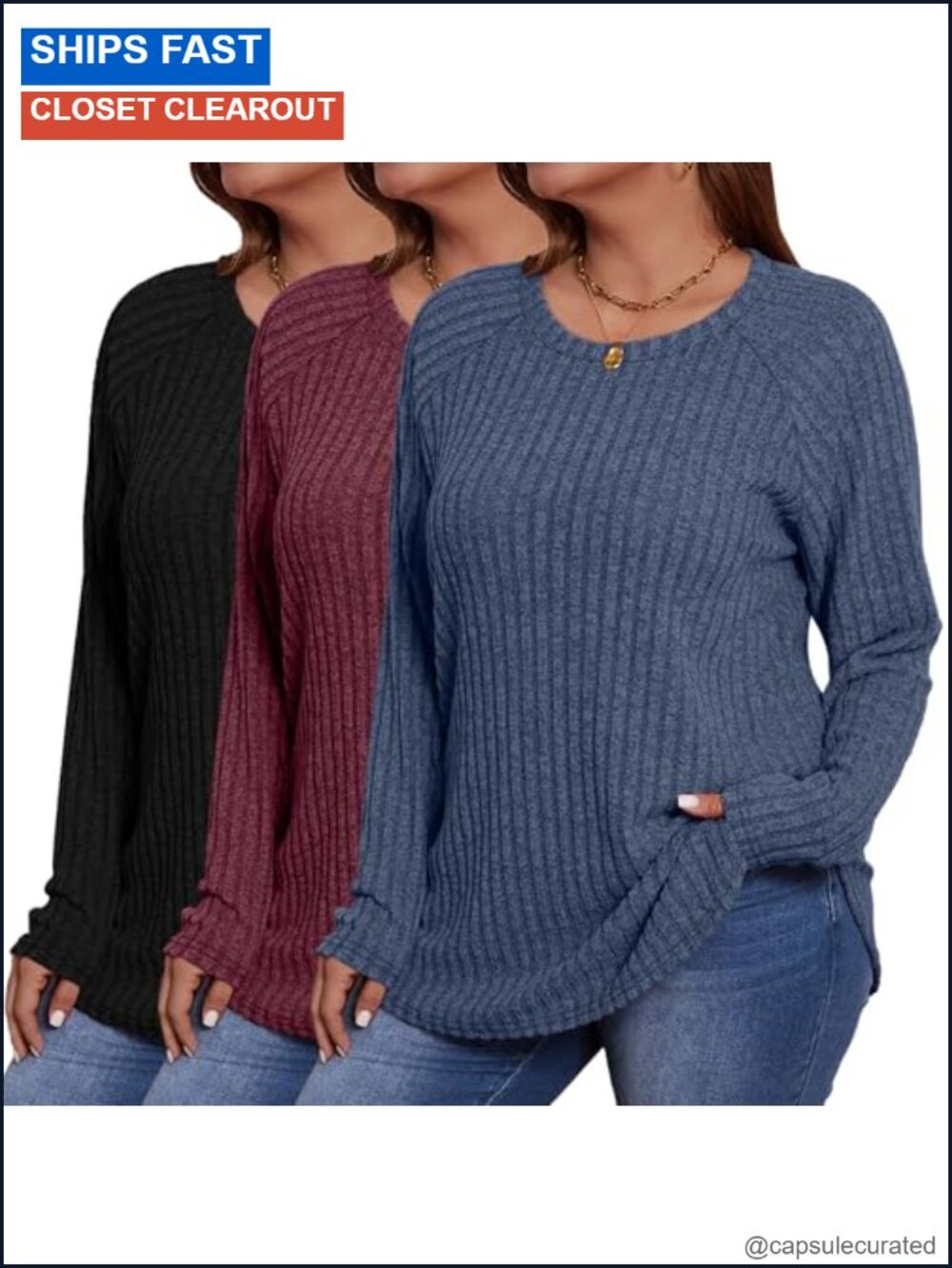 Women's Plus Size Long Sleeve Thermal Sweaters Tunic Tops 3 Pack